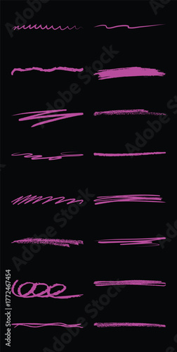 Collection of Pink Hand-Drawn Underline and Highlight Brush Strokes on Black Background