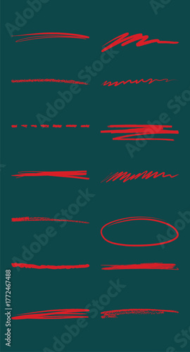 Collection of Red Hand-Drawn Underlines and Highlight Marks on Teal Background