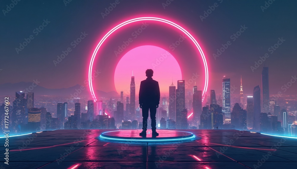 Fototapeta premium Man stands on platform before cityscape at night. Neon lights glow in futuristic metropolis. Modern tech concept illustrates innovative development and technological progress.