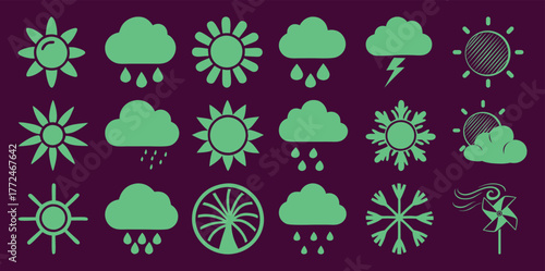 Collection of Weather Icons: Sun, Clouds, Rain, Snowflakes, Lightning, and Windmill
