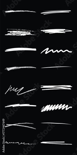 Collection of White Hand-Drawn Brush Strokes and Lines on Black Background