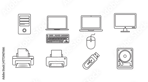 Collection of hand-drawn computer hardware icons for digital and print projects vector