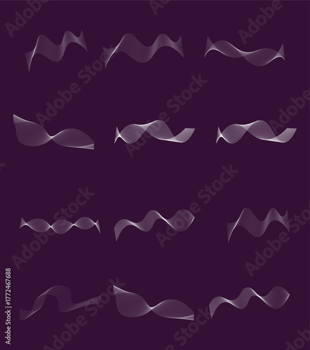 Collection of Abstract White Wavy Lines on a Dark Purple Background