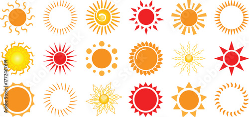 Diverse Collection of Stylized Sun Icons in Orange, Yellow, and Red
