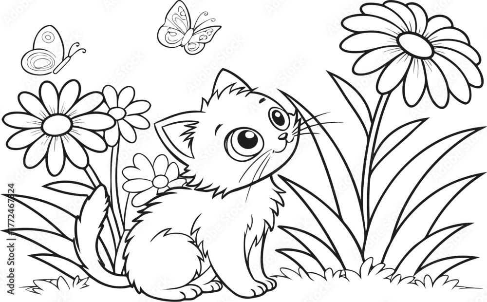 Fototapeta premium Black and white cat cartoon illustration with butterfly, flowers, and floral nature pattern for children's coloring book design