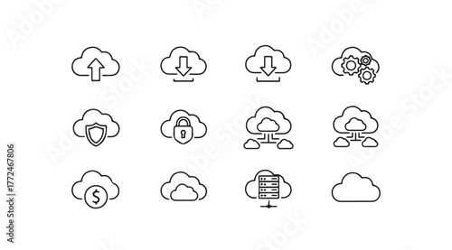 Collection of cloud computing icons representing data upload download security finance and network connectivity vector