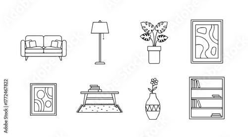 Hand drawn line art furniture and decor objects for interior design home decoration collection vector