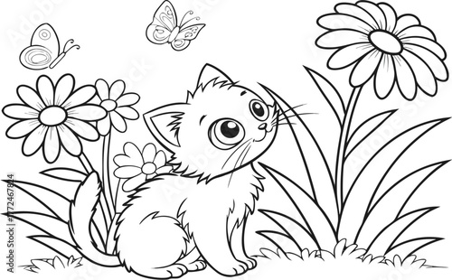 Black and white cat cartoon illustration with butterfly, flowers, and floral nature pattern for children's coloring book design
