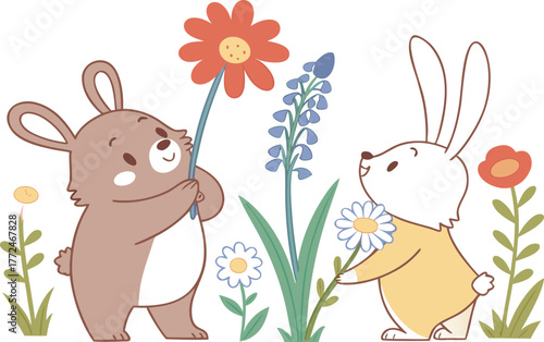 Cute cartoon easter bunny with colorful eggs and spring flowers vector illustration