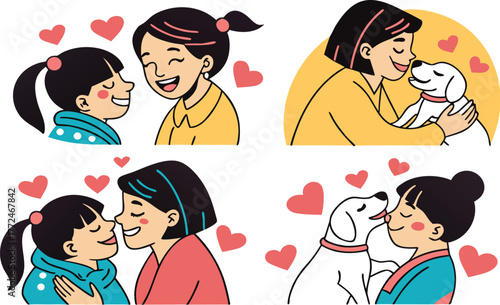 Mother and daughter, son, or baby, with a fun cartoon illustration of a mother and child or children enjoying family love