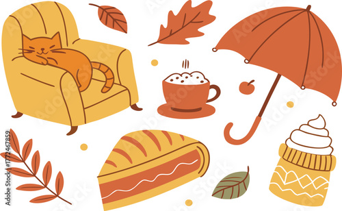 Vector set of delicious bakery and breakfast food icons including bread, croissant, cake, donut, and coffee illustration