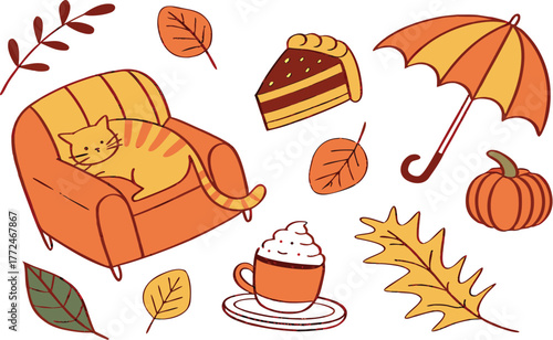 A seamless pattern with autumn leaves and coffee along with a set of food vector icons including bread, cake, croissant, donut, and chocolate pastry