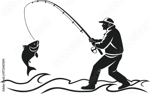 Vector silhouette illustration of a fisherman with a rod, a person fishing sport on the sea or river