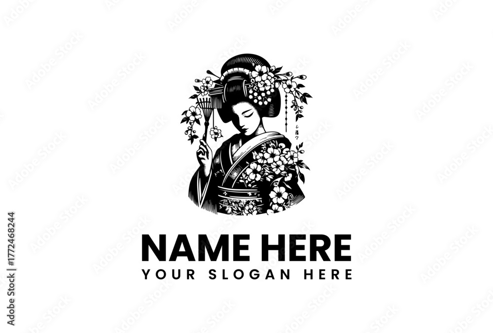 Fototapeta premium Monochrome vector illustration of a beautiful geisha with intricate hair ornaments and floral kimono, an elegant logo design