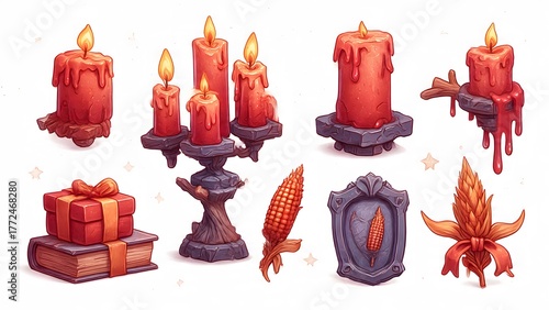 A charming collection of fantasy pixel art illustrations featuring glowing red candles, a magical gift box, and a feathered shield for game design
