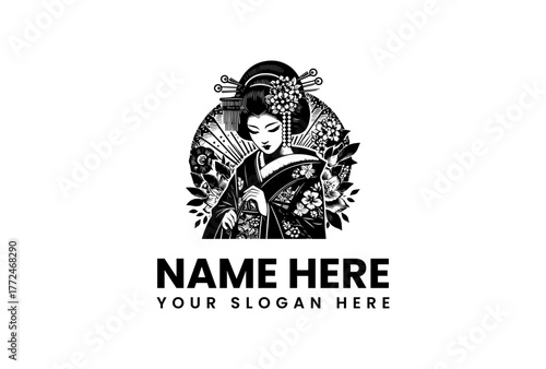 Elegant Japanese Geisha Illustration Logo Template with Traditional Kimono and Floral Accents, a Beautiful Customizable Vector Graphic for Cultural Branding
