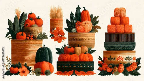 Thanksgiving Harvest Display A Colorful Array of Pumpkins, Vegetables, and Autumnal Elements