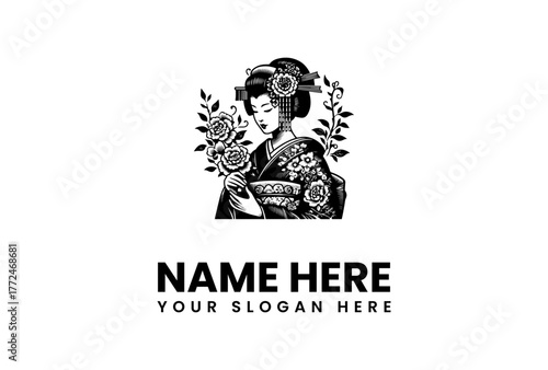 Elegant Geisha Illustration A Classic Japanese Design with Floral Accents for Branding
