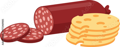 Sliced salami and Swiss cheese on a plate, flat vector illustration for appetizer.