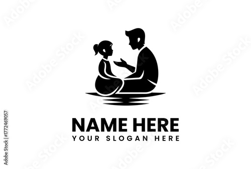 Minimalist black silhouette icon depicting a caring adult and child in thoughtful discussion, symbolizing education, family guidance, and nurturing intergenerational relationships