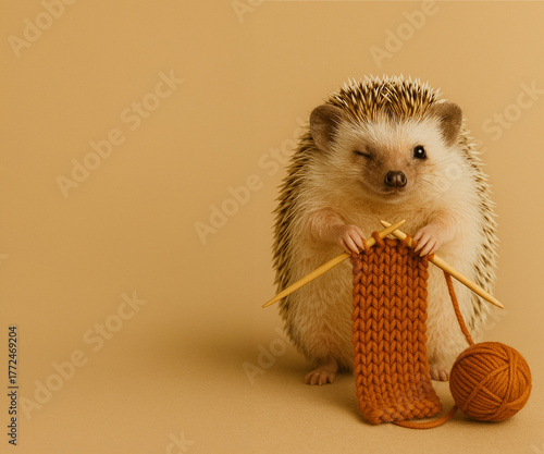 Hedgehog Holding Knitting Needles and Yarn Ball