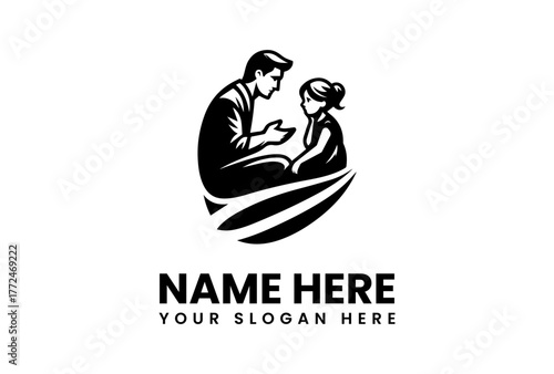 A caring mother or teacher shares a story with a child in this elegant silhouette emblem, symbolizing parenting, education, and guidance in a timeless circular vector design