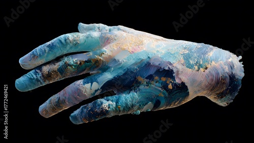 Abstract conceptualization of a human hand with a swirling blue and white ocean wave pattern overlayed