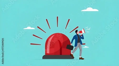 state of emergency declaration, provide emergency information to others as a precaution, warning about danger concept, businessman with megaphone giving instructions about current state of emergency