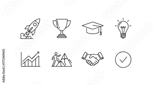 Startup business success icons set achievement innovation growth achievement education partnership ideas vector
