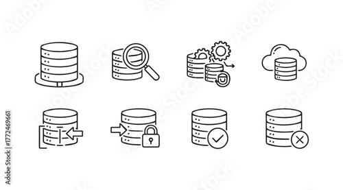 Set of database icons representing storage security search backup cloud and data management vector