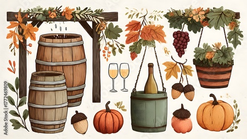 Autumnal harvest collection featuring pumpkins, wine barrels, grapes, and fall foliage accents