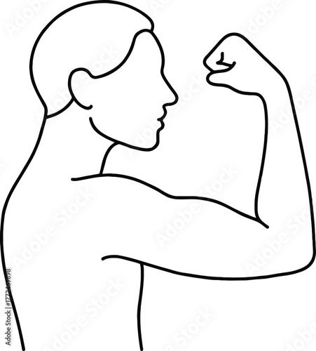 Confident man shows strength and power flexing arm muscles in a strong and powerful workout pose
