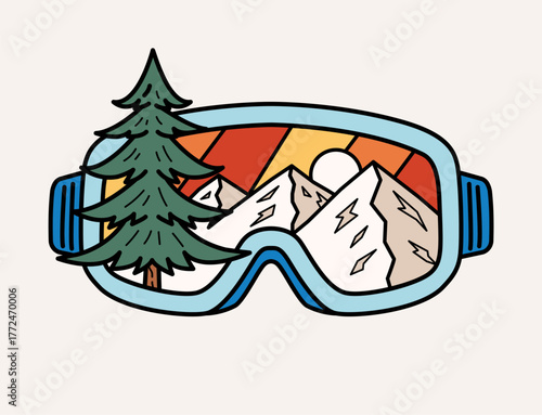 Vector graphic of ski and snowboard goggles with a snowy mountain, pine tree, and river landscape visible through the lenses.