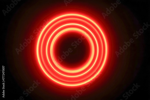 Glowing concentric rings of bright red neon light radiating in a dark space creating a vibrant abstract futuristic circular pattern background design