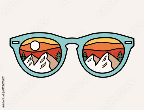 Vector graphic of sunglasses with a reflection of mountains, pine trees, and a river in the lenses. Perfect for travel, and adventure-themed apparel, stickers and other uses