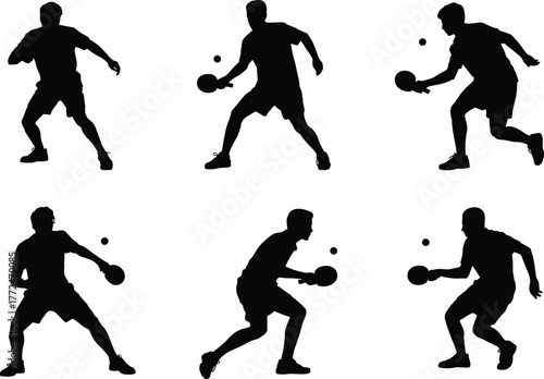 Silhouette table tennis players in action, ping pong sport poses, competitive gameplay, paddle and ball movement, athletic motion, dynamic illustration
