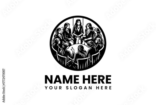 Illustration of a group of people sitting around a circular table in a meeting or discussion, presented within a circular emblem with text placeholders for name and slogan
