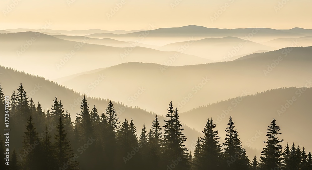 Obraz premium Misty Mountain Landscape with Pine Trees at Sunrise.