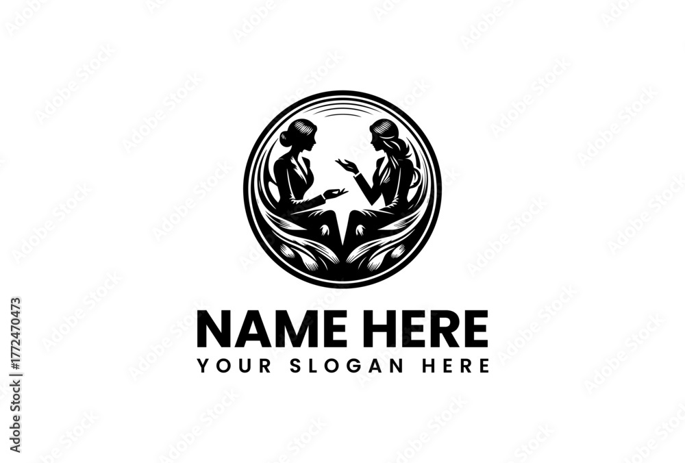 Obraz premium Elegant Logo Design Featuring Two Silhouetted Women in a Circular Frame for Business or Coaching