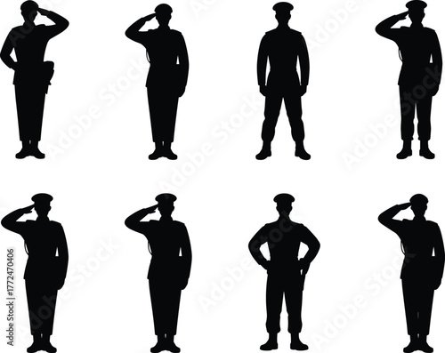 Military salute silhouettes, army respect gesture, uniformed soldiers standing, patriotic honor, armed forces discipline, ceremonial respect, defense service illustration, vector art