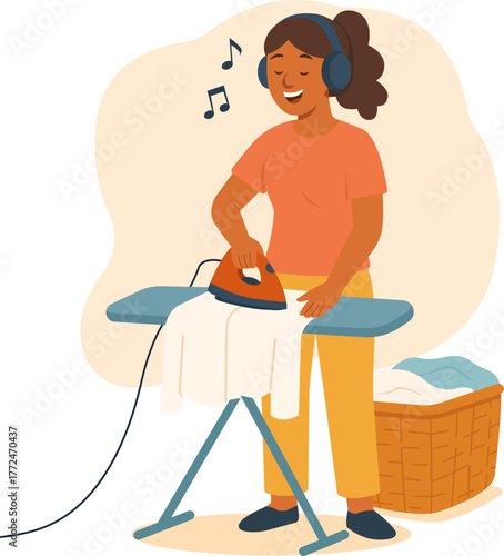 Flat vector illustration of a woman ironing clothes and listening to music through headphones. Perfect for home cleaning concepts, lifestyle design, or housekeeping services.