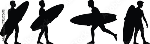 Silhouette surfers holding surfboards in different poses, standing, walking, running, lifestyle beach activity, surfing culture, coastal adventure illustration