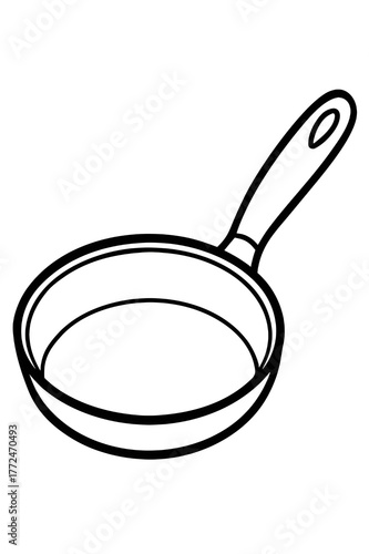 A simple black and white line drawing illustration of a classic frying pan with a long handle perfect for cooking and kitchen related designs and concepts