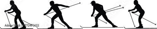 Cross country skiing silhouettes, winter sport athletes skiing with poles, outdoor snow activity, Nordic fitness training, endurance exercise, seasonal recreation illustration