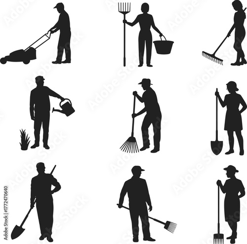 Gardening silhouettes, people working in garden, lawn care, raking leaves, watering plants, shoveling soil, outdoor maintenance, landscaping tools, farming activities