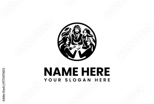 Logo design featuring three women engaged in conversation, a circular emblem for community and unity