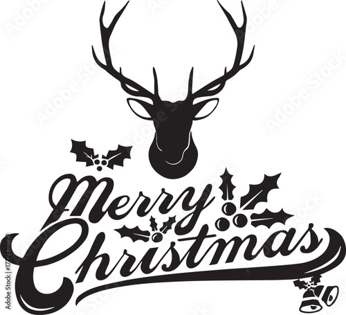 Festive Christmas Illustration: A classic Christmas scene features the words Merry Christmas gracefully designed with decorative elements like antlers, and holly. evoking warmth and holiday cheer.
