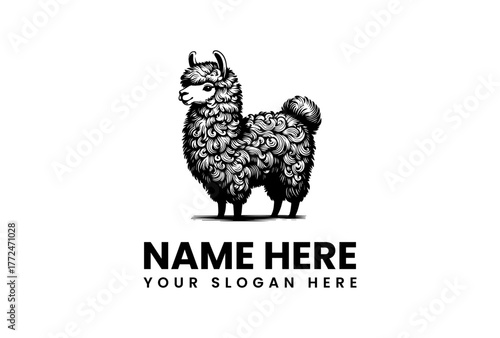 A detailed black and white illustration of a llama or alpaca in a classic engraving style. This vector graphic is a perfect logo template or mascot for a creative brand identity