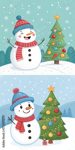 Cartoon snowman celebrating Christmas with decorated tree in winter  