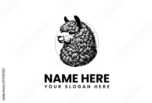 Detailed black and white alpaca head illustration, perfect for a distinguished logo or animal branding, showcasing intricate fur and a classic artistic style